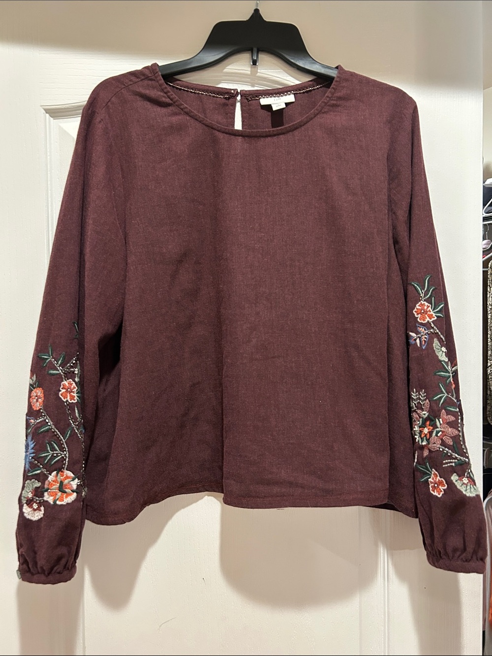 J. Jill Burgundy Embroidered Sleeve Long-Sleeve Top